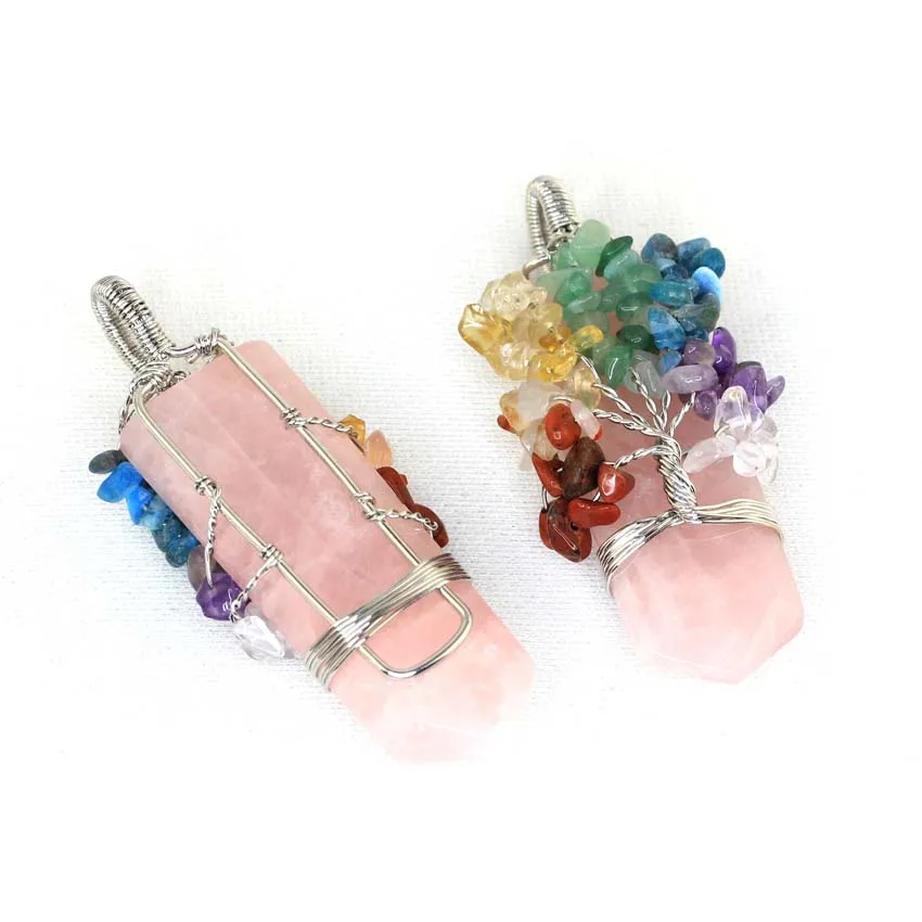 Healing Crystal Sword Faceted Pendant Necklace For Women Men Natural Chakra Tree Life Wire Wrapped Amethyst Rose Quartz Jewelry