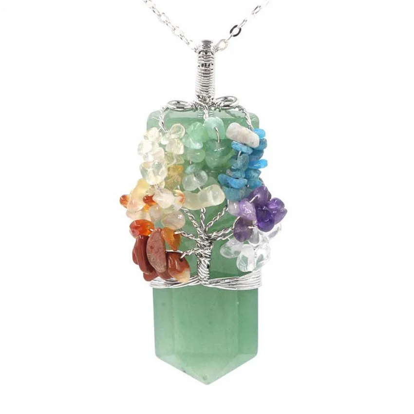 Healing Crystal Sword Faceted Pendant Necklace For Women Men Natural Chakra Tree Life Wire Wrapped Amethyst Rose Quartz Jewelry