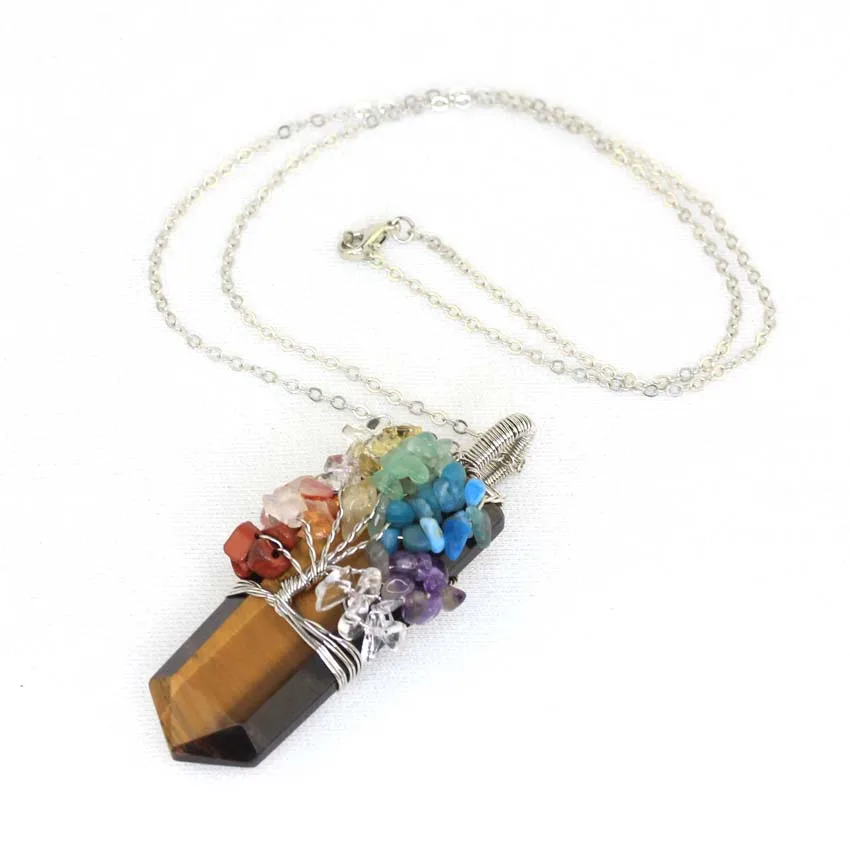 Healing Crystal Sword Faceted Pendant Necklace For Women Men Natural Chakra Tree Life Wire Wrapped Amethyst Rose Quartz Jewelry