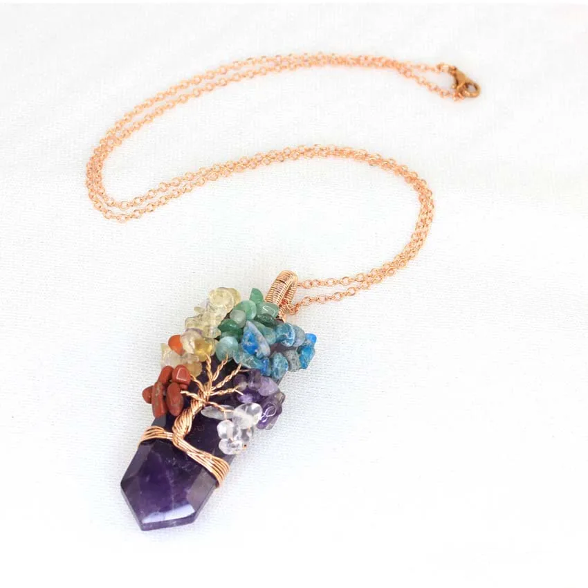 Healing Crystal Sword Faceted Pendant Necklace For Women Men Natural Chakra Tree Life Wire Wrapped Amethyst Rose Quartz Jewelry
