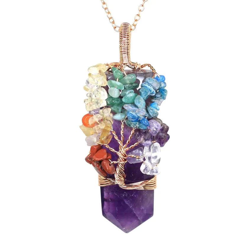 Healing Crystal Sword Faceted Pendant Necklace For Women Men Natural Chakra Tree Life Wire Wrapped Amethyst Rose Quartz Jewelry