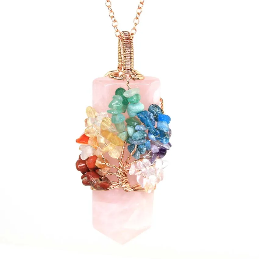 Healing Crystal Sword Faceted Pendant Necklace For Women Men Natural Chakra Tree Life Wire Wrapped Amethyst Rose Quartz Jewelry