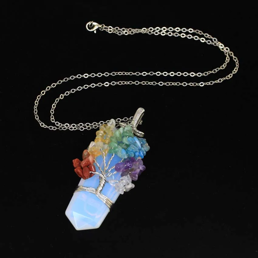 Healing Crystal Sword Faceted Pendant Necklace For Women Men Natural Chakra Tree Life Wire Wrapped Amethyst Rose Quartz Jewelry