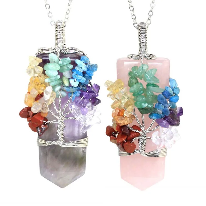 Healing Crystal Sword Faceted Pendant Necklace For Women Men Natural Chakra Tree Life Wire Wrapped Amethyst Rose Quartz Jewelry