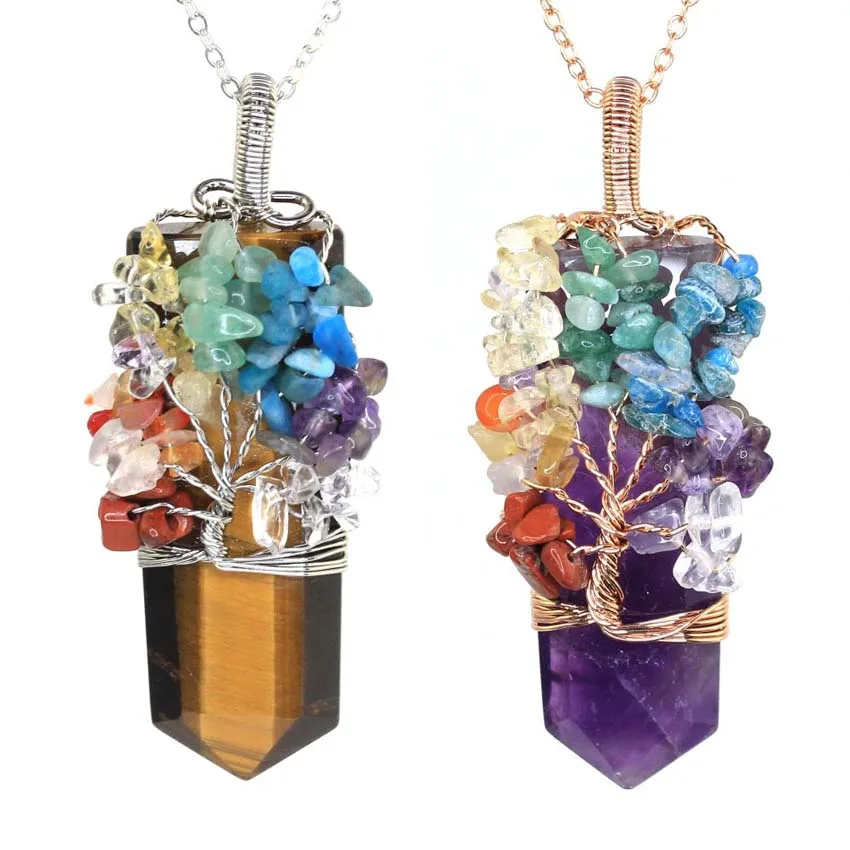 Healing Crystal Sword Faceted Pendant Necklace For Women Men Natural Chakra Tree Life Wire Wrapped Amethyst Rose Quartz Jewelry