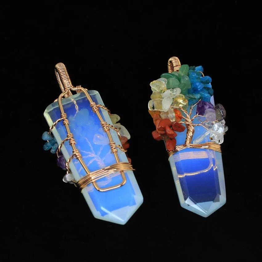Healing Crystal Sword Faceted Pendant Necklace For Women Men Natural Chakra Tree Life Wire Wrapped Amethyst Rose Quartz Jewelry