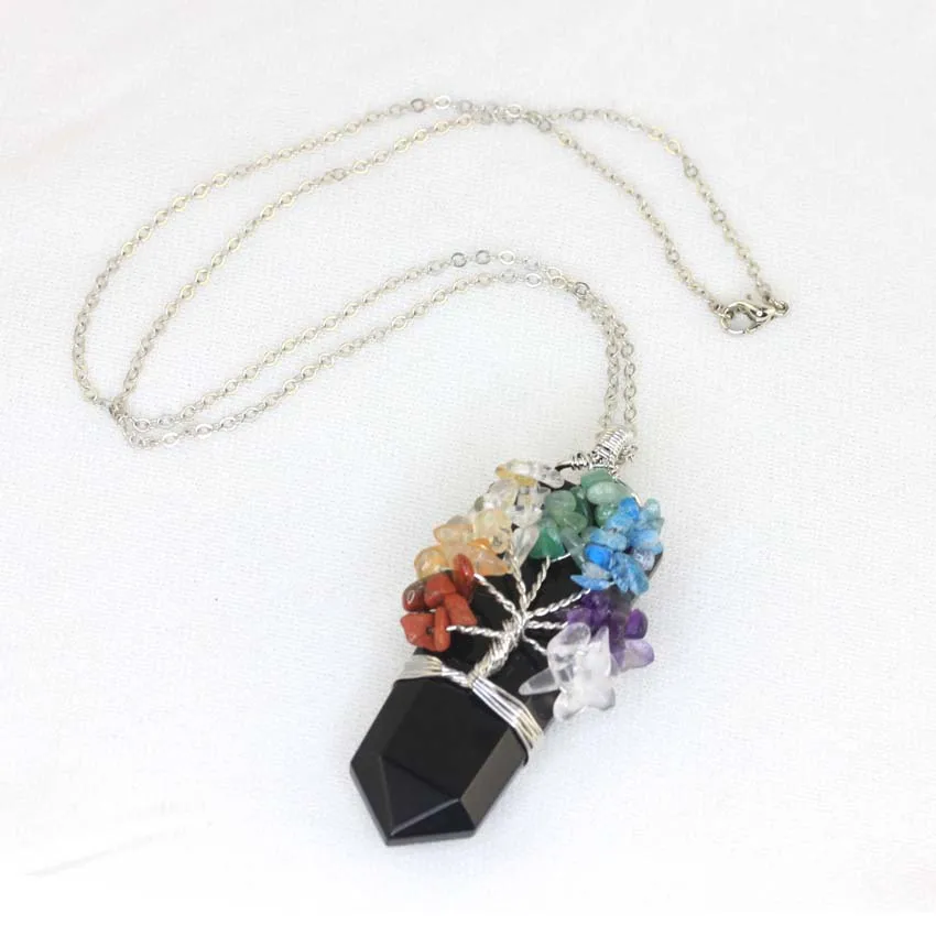 Healing Crystal Sword Faceted Pendant Necklace For Women Men Natural Chakra Tree Life Wire Wrapped Amethyst Rose Quartz Jewelry