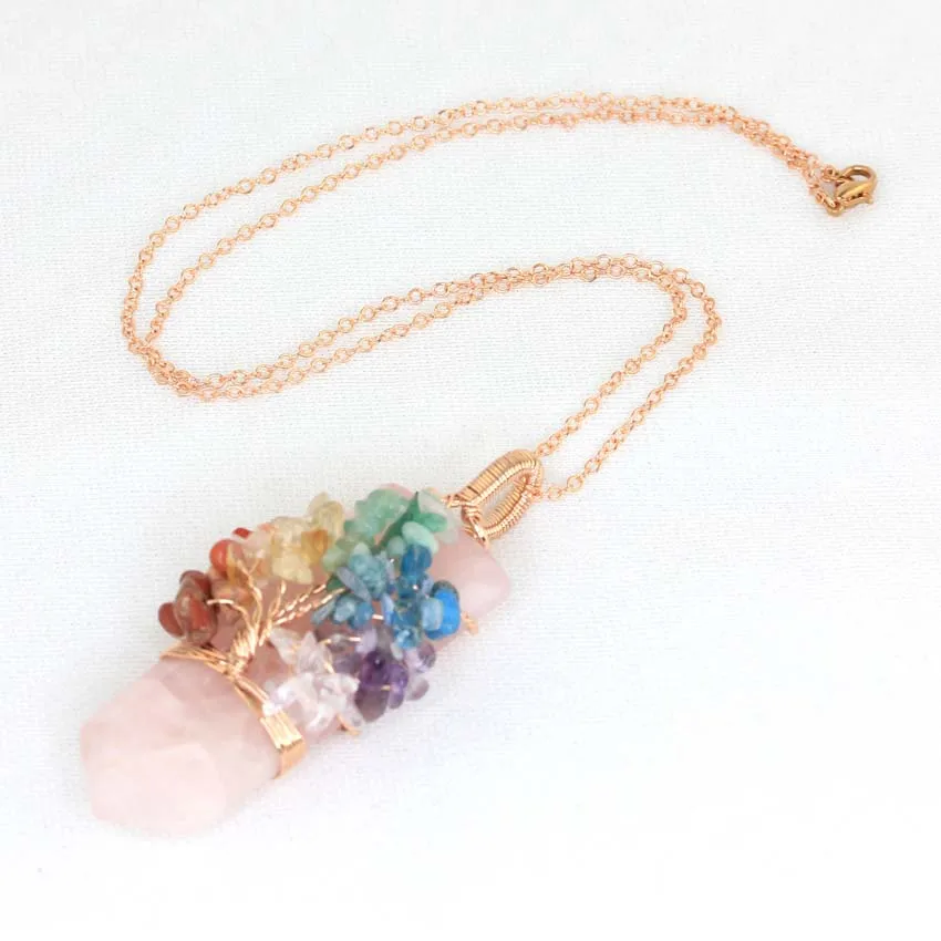 Healing Crystal Sword Faceted Pendant Necklace For Women Men Natural Chakra Tree Life Wire Wrapped Amethyst Rose Quartz Jewelry
