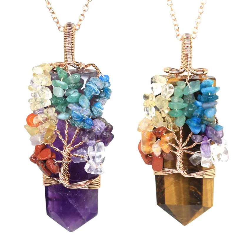 Healing Crystal Sword Faceted Pendant Necklace For Women Men Natural Chakra Tree Life Wire Wrapped Amethyst Rose Quartz Jewelry