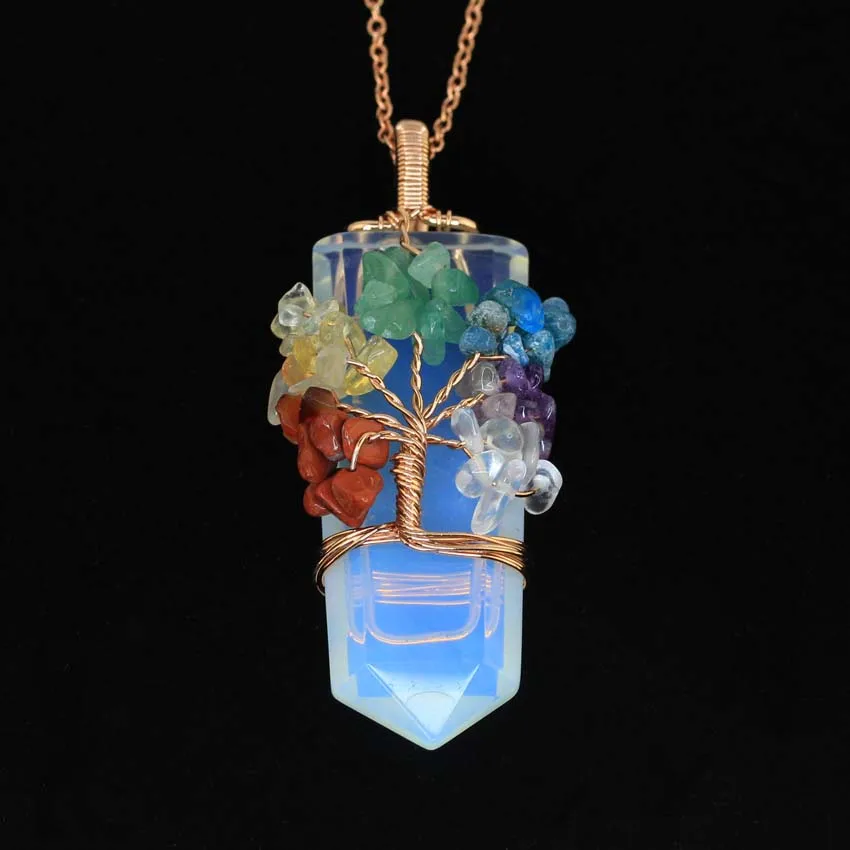 Healing Crystal Sword Faceted Pendant Necklace For Women Men Natural Chakra Tree Life Wire Wrapped Amethyst Rose Quartz Jewelry