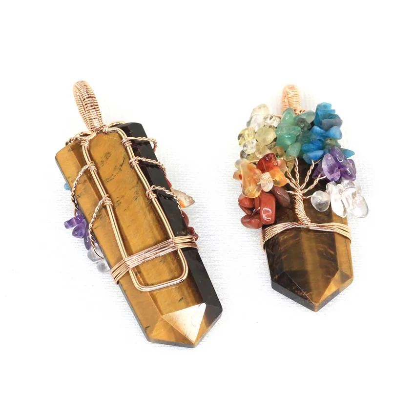 Healing Crystal Sword Faceted Pendant Necklace For Women Men Natural Chakra Tree Life Wire Wrapped Amethyst Rose Quartz Jewelry