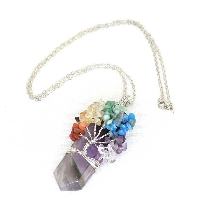 Healing Crystal Sword Faceted Pendant Necklace For Women Men Natural Chakra Tree Life Wire Wrapped Amethyst Rose Quartz Jewelry