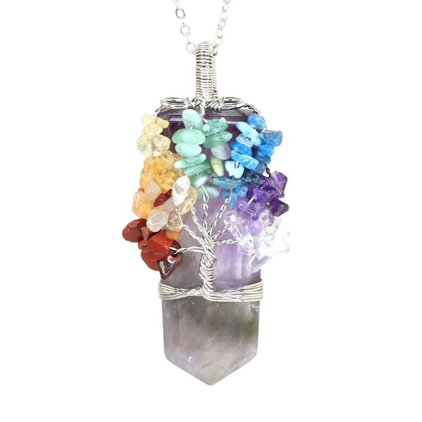 Healing Crystal Sword Faceted Pendant Necklace For Women Men Natural Chakra Tree Life Wire Wrapped Amethyst Rose Quartz Jewelry