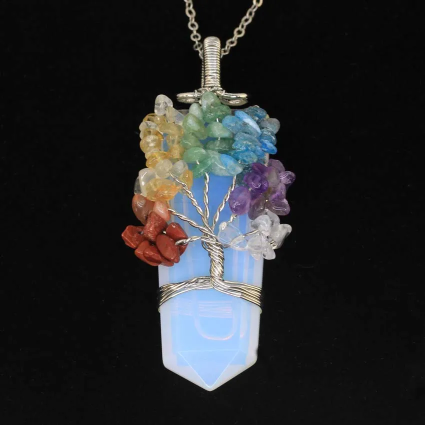 Healing Crystal Sword Faceted Pendant Necklace For Women Men Natural Chakra Tree Life Wire Wrapped Amethyst Rose Quartz Jewelry