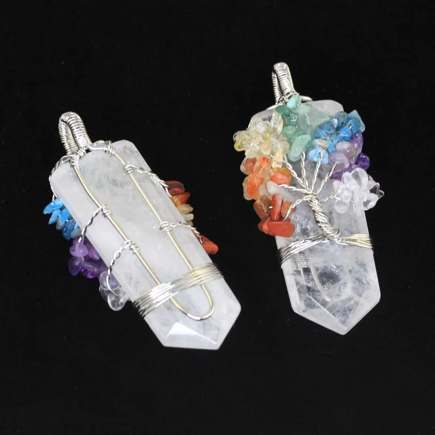 Healing Crystal Sword Faceted Pendant Necklace For Women Men Natural Chakra Tree Life Wire Wrapped Amethyst Rose Quartz Jewelry