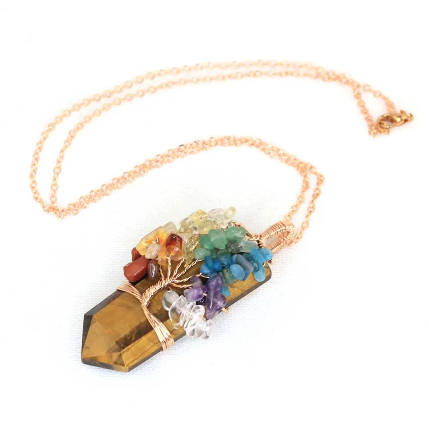 Healing Crystal Sword Faceted Pendant Necklace For Women Men Natural Chakra Tree Life Wire Wrapped Amethyst Rose Quartz Jewelry
