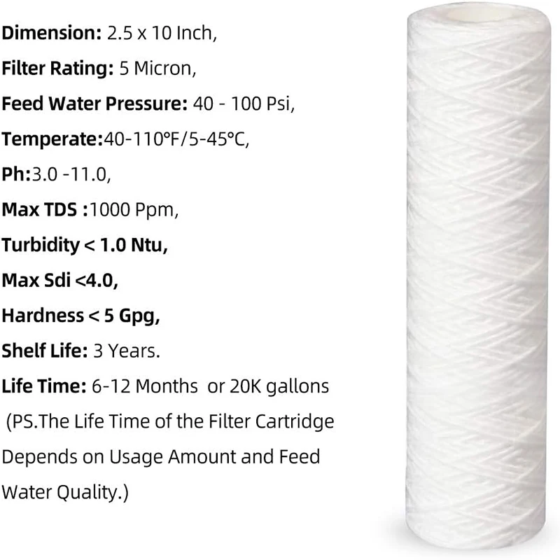 10 Inch PP Wound String Spun Sediment Replacement Filter for Reverse Osmosis System- 2.5" x 10"-5 Micron-4 Pack