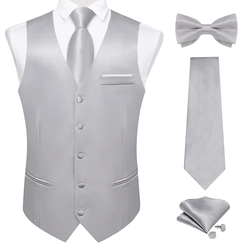 Elegant Grey Solid Suit Vest with Pocket Satin Waistcoat Necktie Bow Tie Handkerchief Cufflinks for Tuxedo Wedding Prom