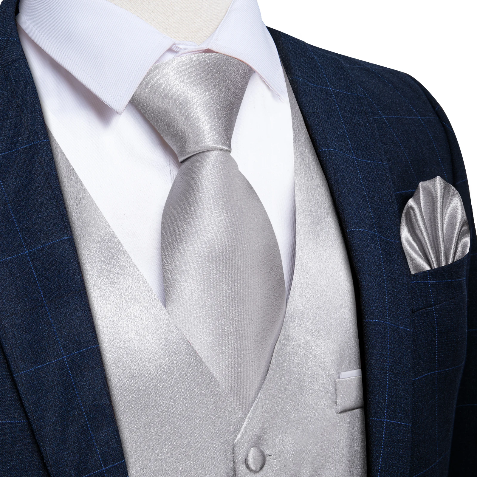 Elegant Grey Solid Suit Vest with Pocket Satin Waistcoat Necktie Bow Tie Handkerchief Cufflinks for Tuxedo Wedding Prom