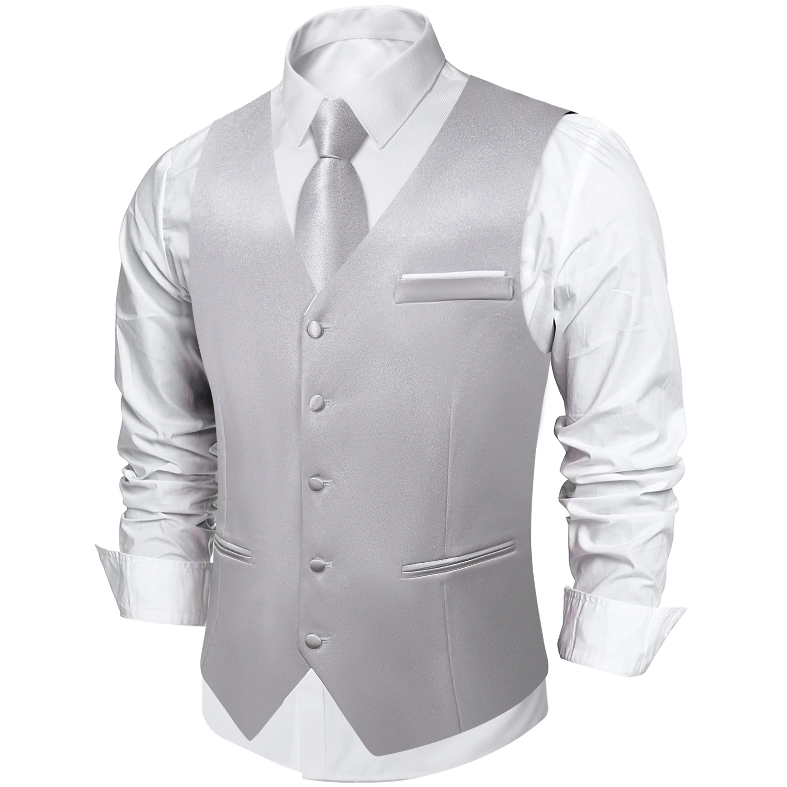 Elegant Grey Solid Suit Vest with Pocket Satin Waistcoat Necktie Bow Tie Handkerchief Cufflinks for Tuxedo Wedding Prom