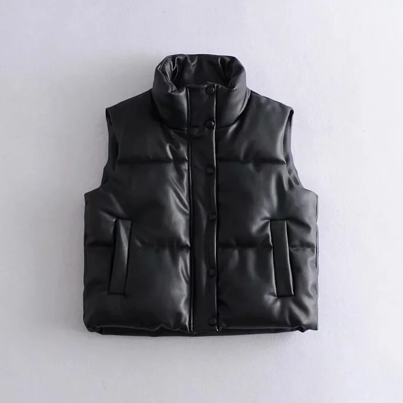 Autumn Winter PU Leather Coat Women Black Stand Collar Vests Women Fashion Zipper Elegant Short Vests Female Ladies
