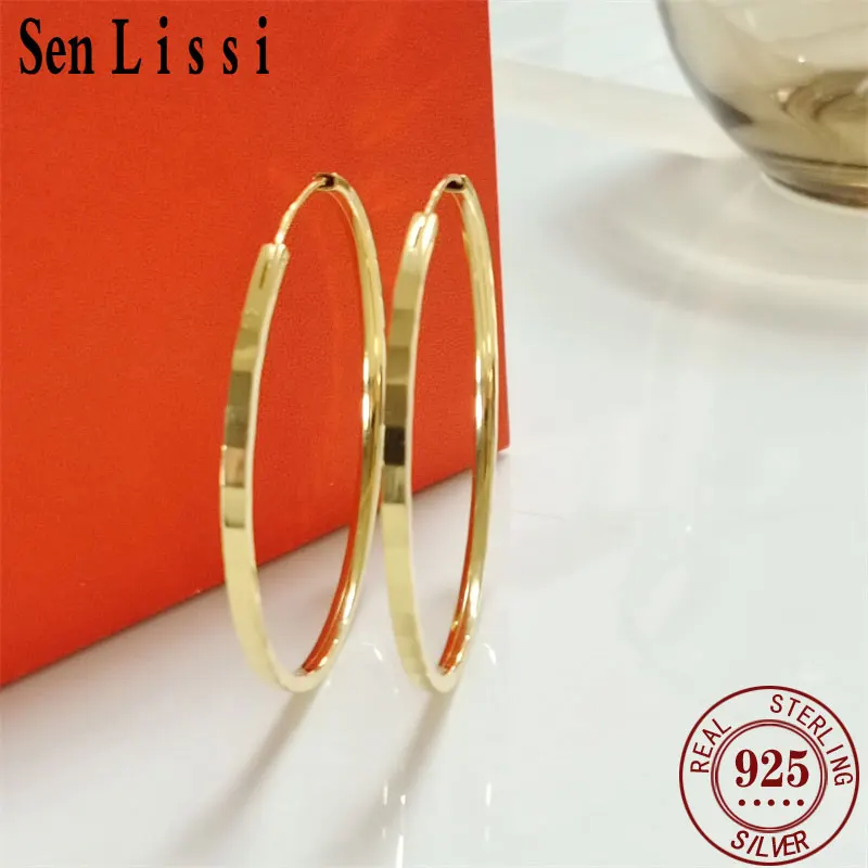 Senlissi - New Fashion 925 Sterling Silver 18K Gold Plated Hoop Earrings For Women 2.0mm Earring Cерьги Kольца 30/40/50/60MM