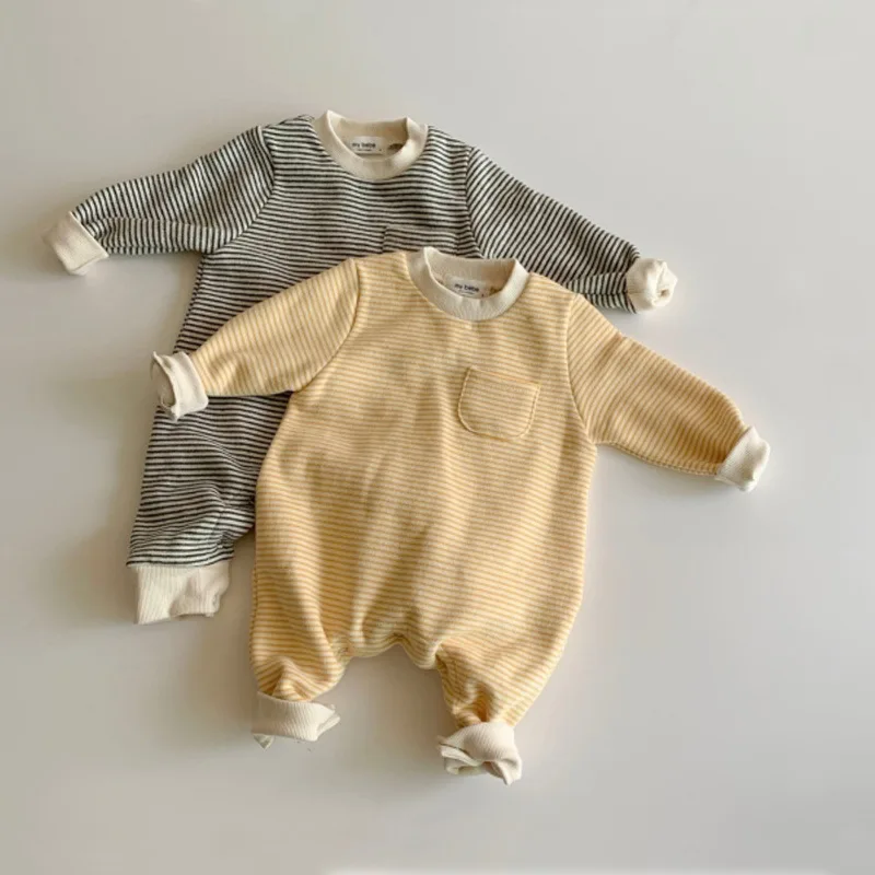 3M-2Y Autumn Baby Baby Bodysuit Striped O-Neck Long Sleeves Infant Romper for Girls Boys Soft Skin‑Frie Toddler One-Pieces