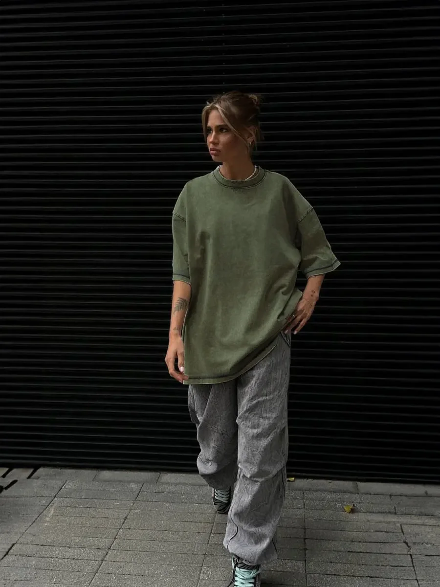 Wolfeel 100% Cotton Retro T-Shirt Women Vintage Short-Sleeve Wax Printing T Shirts Men Solid Color Hip Hop Loose Tees
