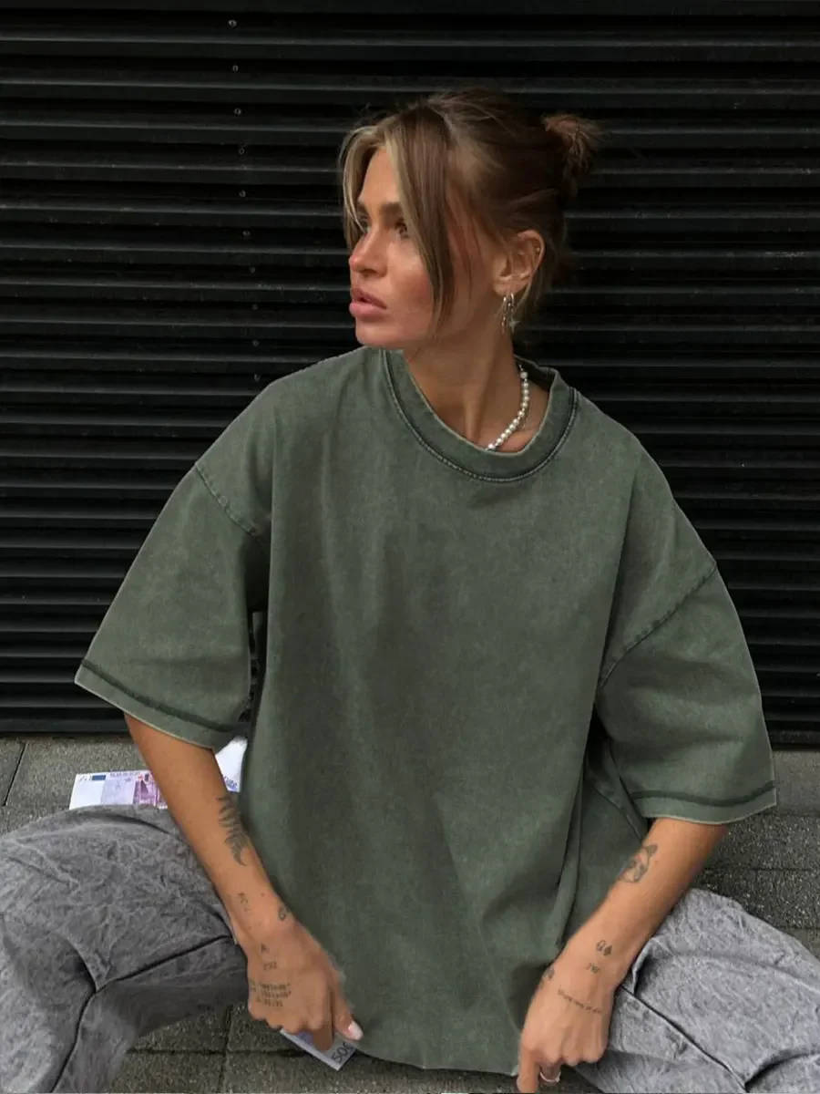 Wolfeel 100% Cotton Retro T-Shirt Women Vintage Short-Sleeve Wax Printing T Shirts Men Solid Color Hip Hop Loose Tees