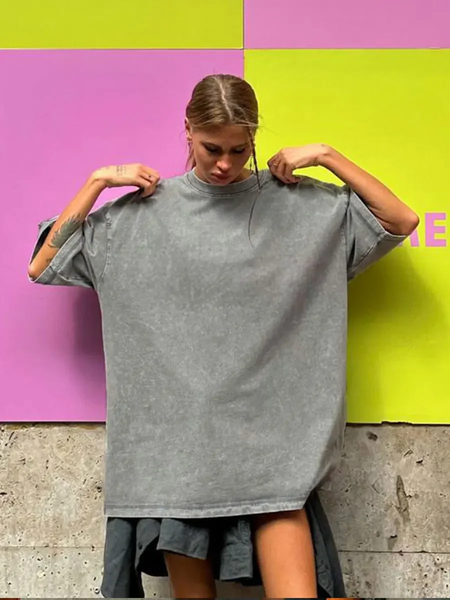 Wolfeel 100% Cotton Retro T-Shirt Women Vintage Short-Sleeve Wax Printing T Shirts Men Solid Color Hip Hop Loose Tees