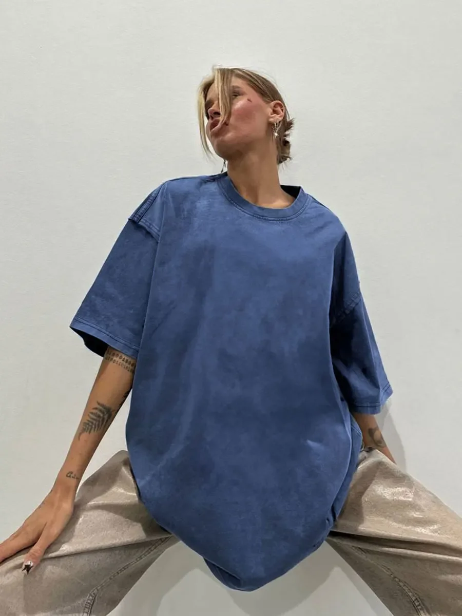 Wolfeel 100% Cotton Retro T-Shirt Women Vintage Short-Sleeve Wax Printing T Shirts Men Solid Color Hip Hop Loose Tees