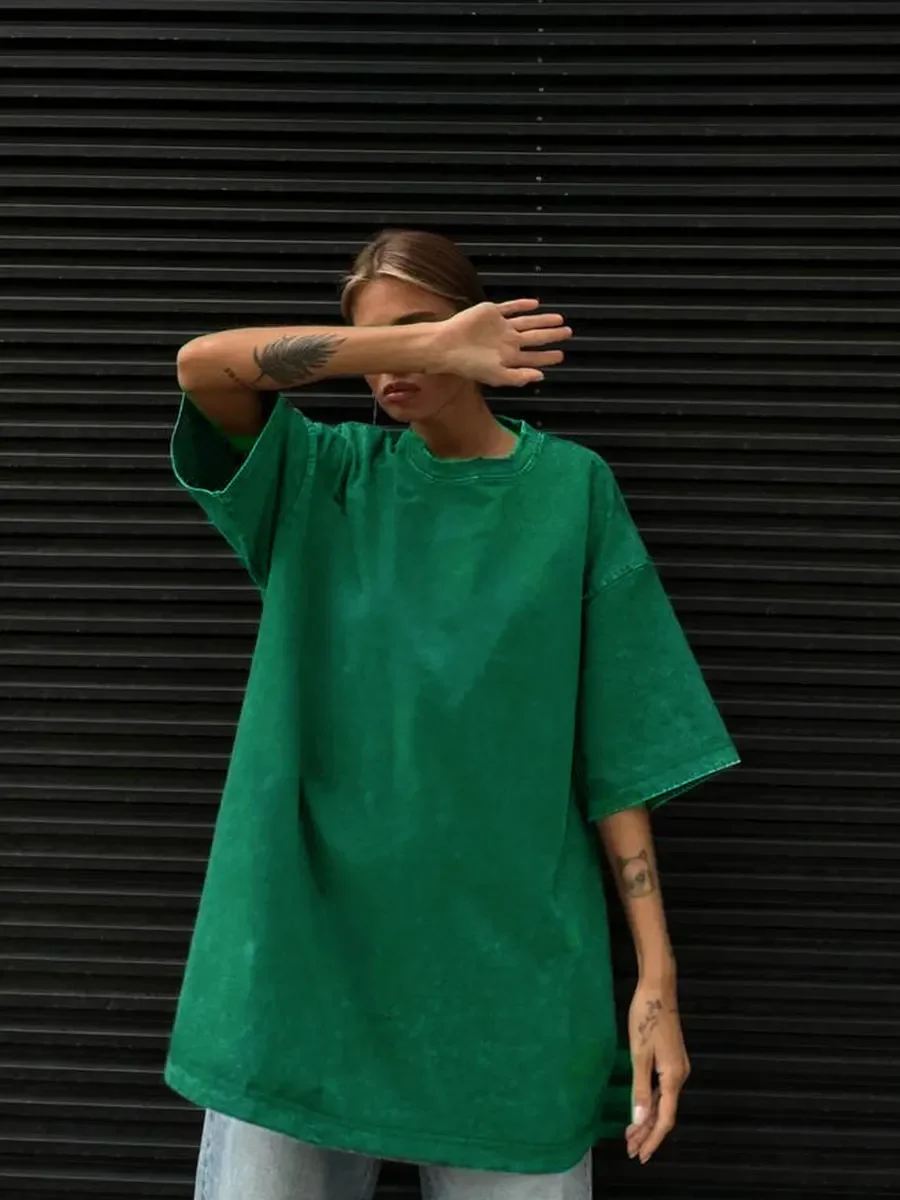 Wolfeel 100% Cotton Retro T-Shirt Women Vintage Short-Sleeve Wax Printing T Shirts Men Solid Color Hip Hop Loose Tees