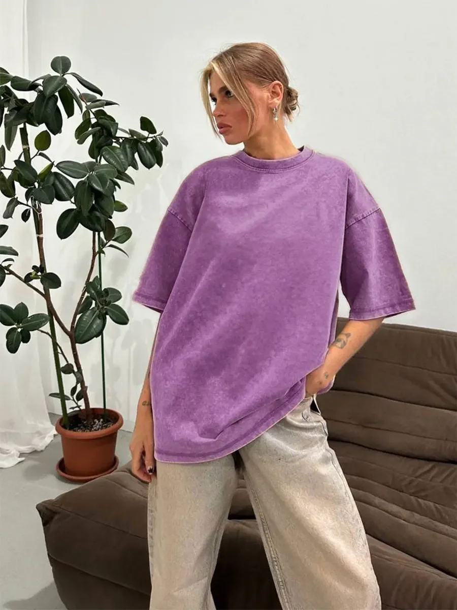 Wolfeel 100% Cotton Retro T-Shirt Women Vintage Short-Sleeve Wax Printing T Shirts Men Solid Color Hip Hop Loose Tees