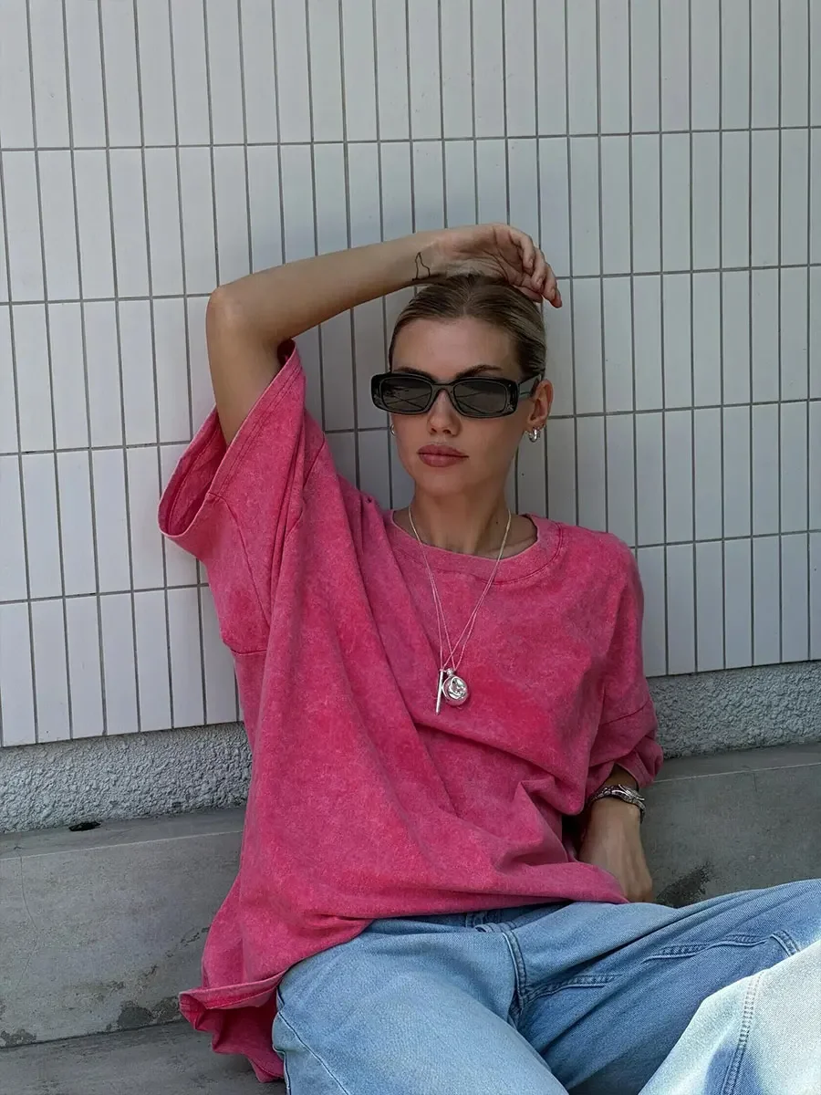 Wolfeel 100% Cotton Retro T-Shirt Women Vintage Short-Sleeve Wax Printing T Shirts Men Solid Color Hip Hop Loose Tees