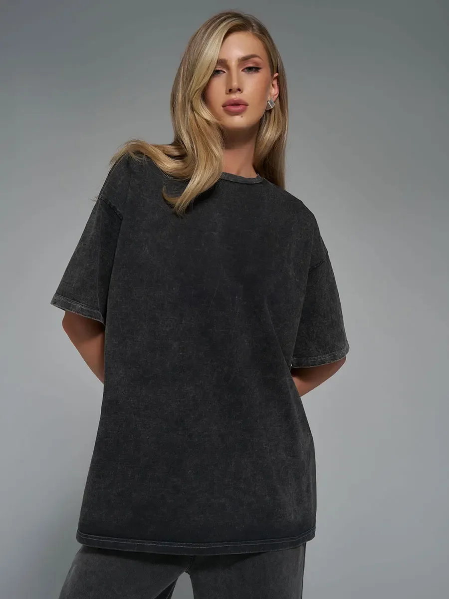 Wolfeel 100% Cotton Retro T-Shirt Women Vintage Short-Sleeve Wax Printing T Shirts Men Solid Color Hip Hop Loose Tees