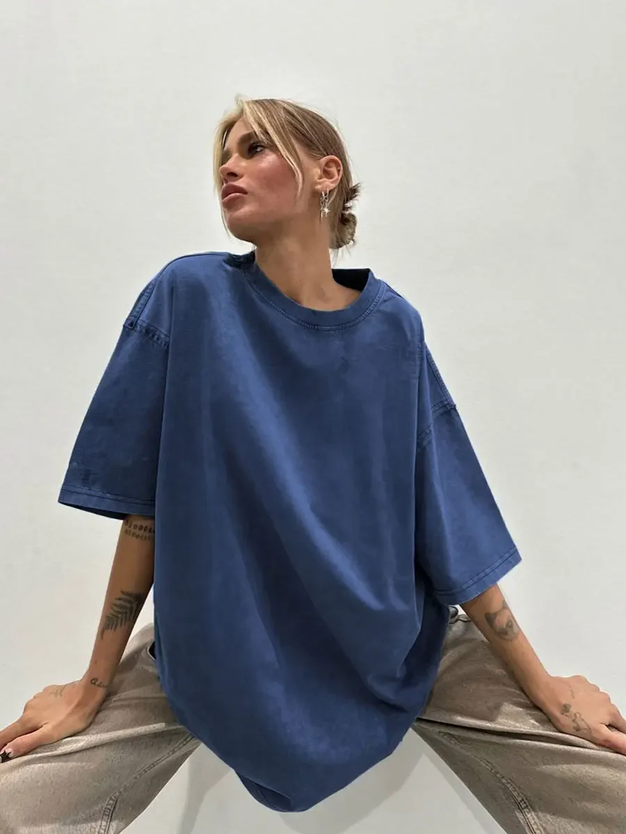 Wolfeel 100% Cotton Retro T-Shirt Women Vintage Short-Sleeve Wax Printing T Shirts Men Solid Color Hip Hop Loose Tees