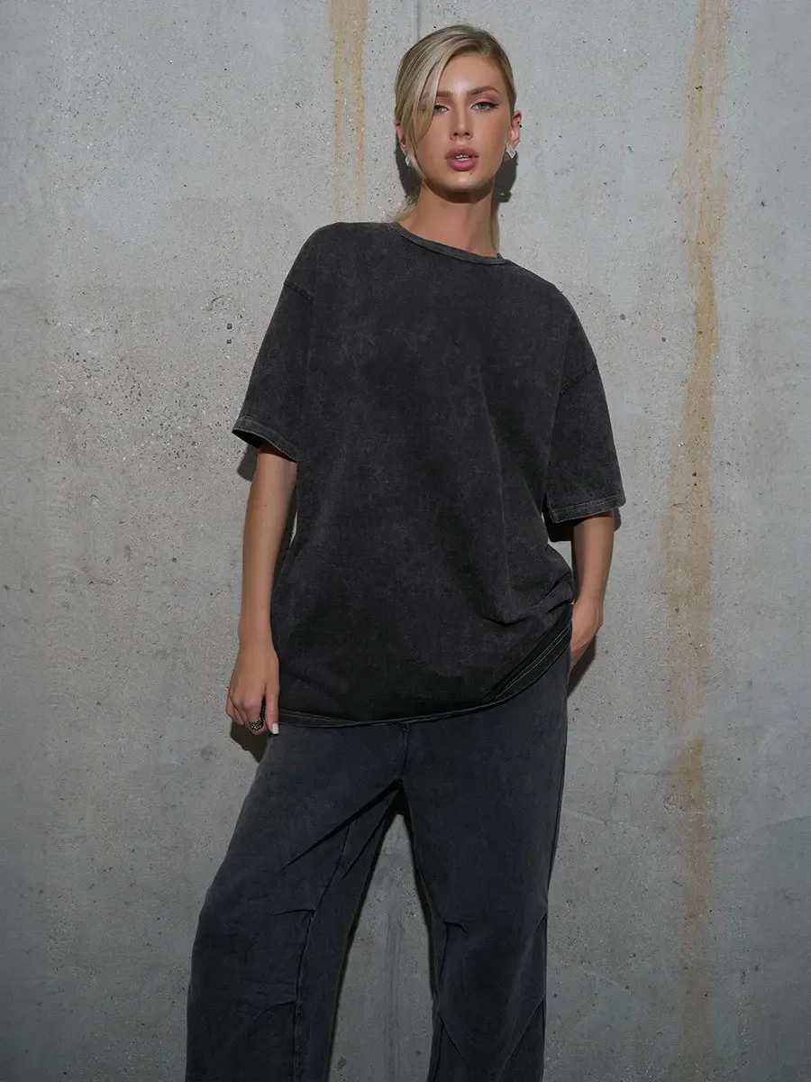 Wolfeel 100% Cotton Retro T-Shirt Women Vintage Short-Sleeve Wax Printing T Shirts Men Solid Color Hip Hop Loose Tees