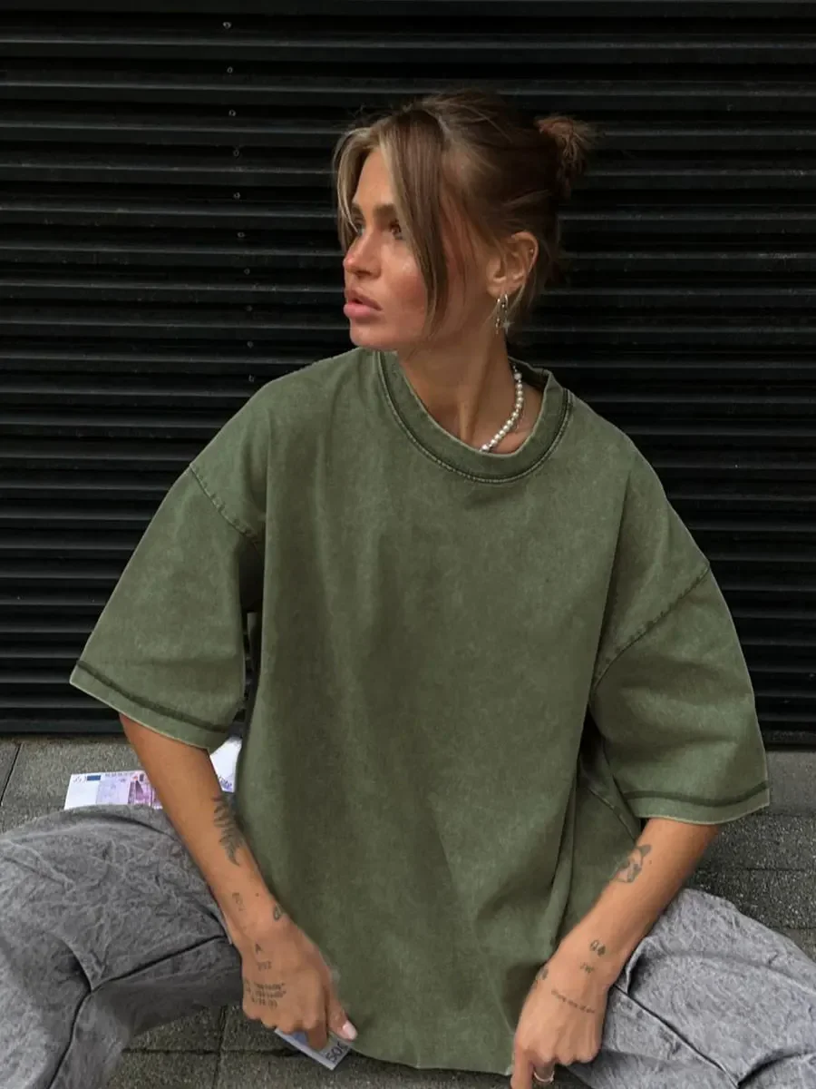 Wolfeel 100% Cotton Retro T-Shirt Women Vintage Short-Sleeve Wax Printing T Shirts Men Solid Color Hip Hop Loose Tees