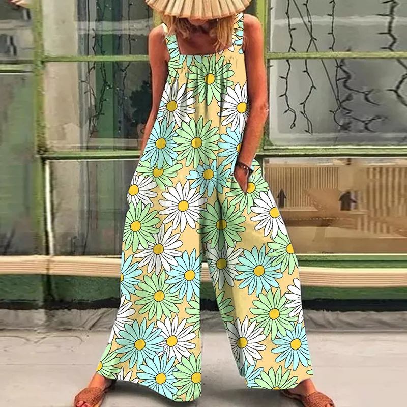 Loose Casual Lazy Wind Oversize Print Suspenders One-Piece Pants 2024 Summer New Straps Broad Leg One-Piece Pants Woman