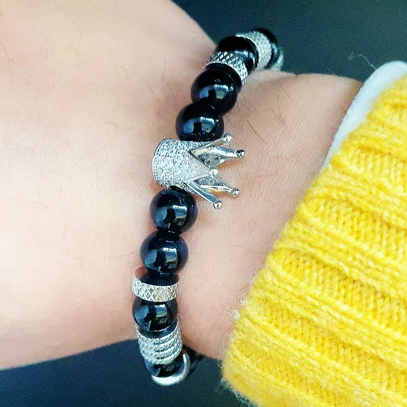Luxury Natural Stone Beads Stainless Steel Crown Charms Man Bracelet Women Hand Jewelry Gift