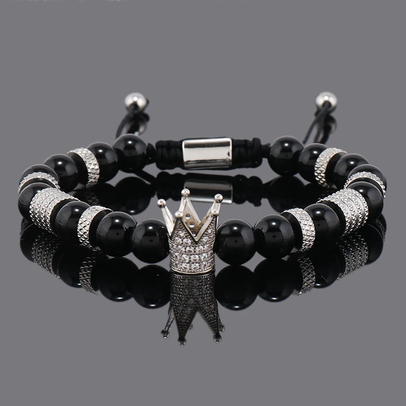 Luxury Natural Stone Beads Stainless Steel Crown Charms Man Bracelet Women Hand Jewelry Gift