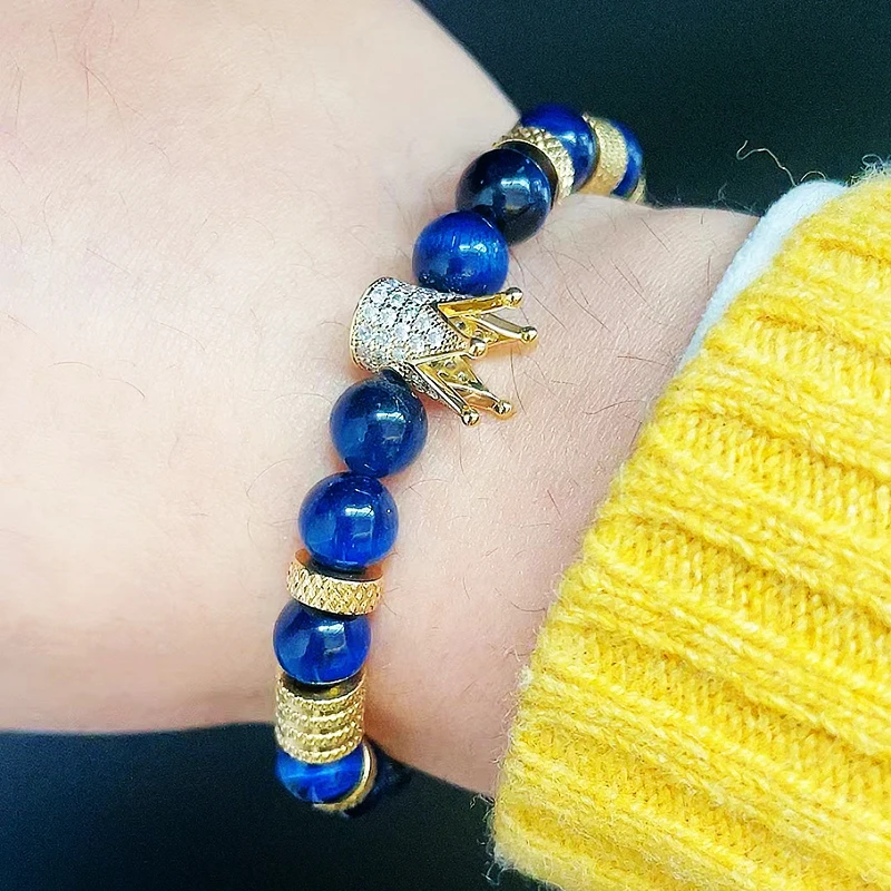 Luxury Natural Stone Beads Stainless Steel Crown Charms Man Bracelet Women Hand Jewelry Gift