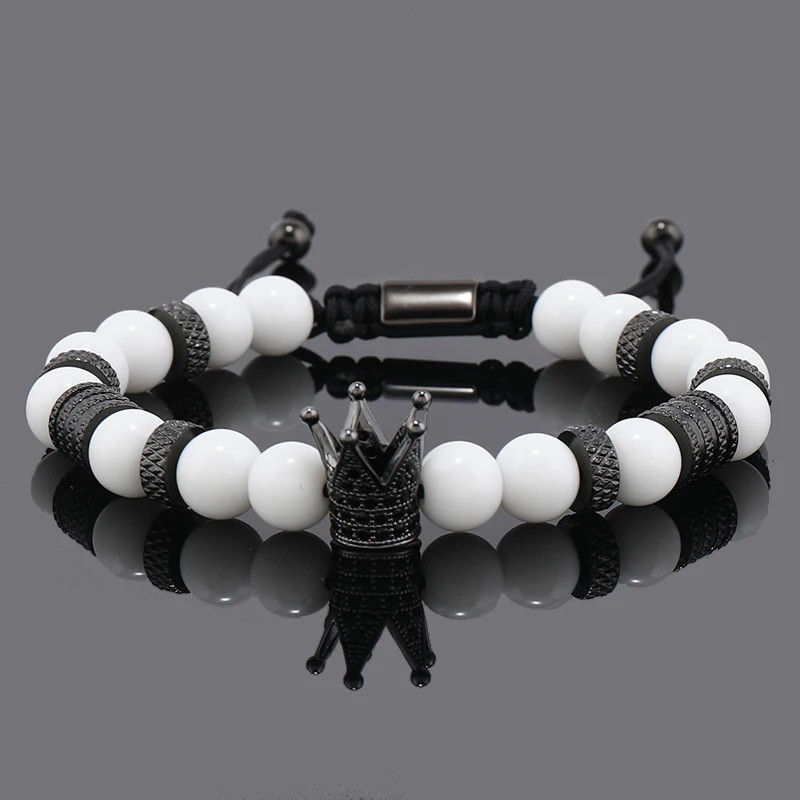 Luxury Natural Stone Beads Stainless Steel Crown Charms Man Bracelet Women Hand Jewelry Gift