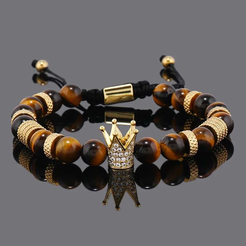 Luxury Natural Stone Beads Stainless Steel Crown Charms Man Bracelet Women Hand Jewelry Gift