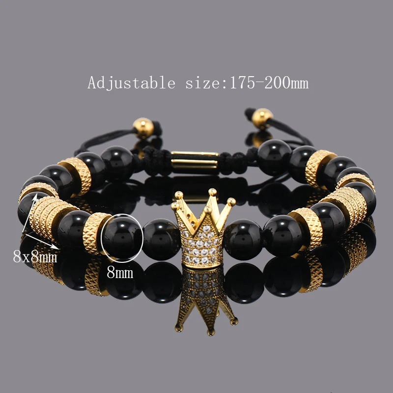 Luxury Natural Stone Beads Stainless Steel Crown Charms Man Bracelet Women Hand Jewelry Gift
