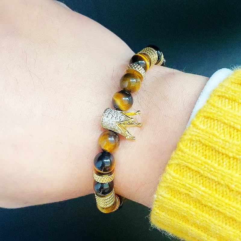 Luxury Natural Stone Beads Stainless Steel Crown Charms Man Bracelet Women Hand Jewelry Gift