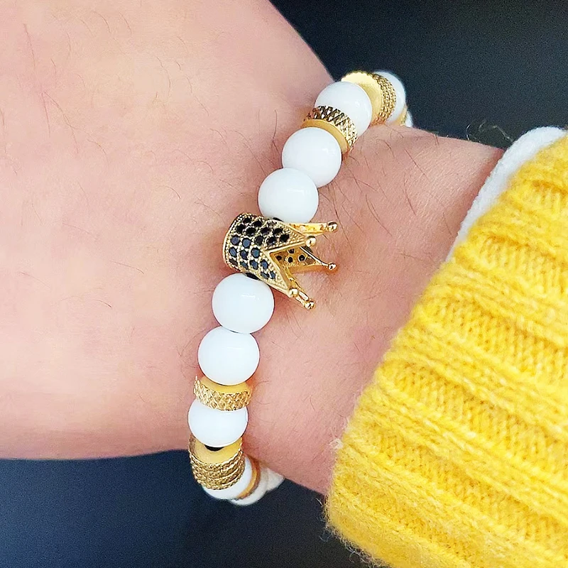 Luxury Natural Stone Beads Stainless Steel Crown Charms Man Bracelet Women Hand Jewelry Gift