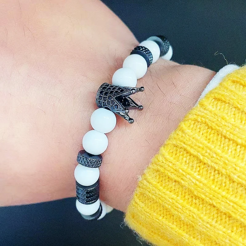 Luxury Natural Stone Beads Stainless Steel Crown Charms Man Bracelet Women Hand Jewelry Gift