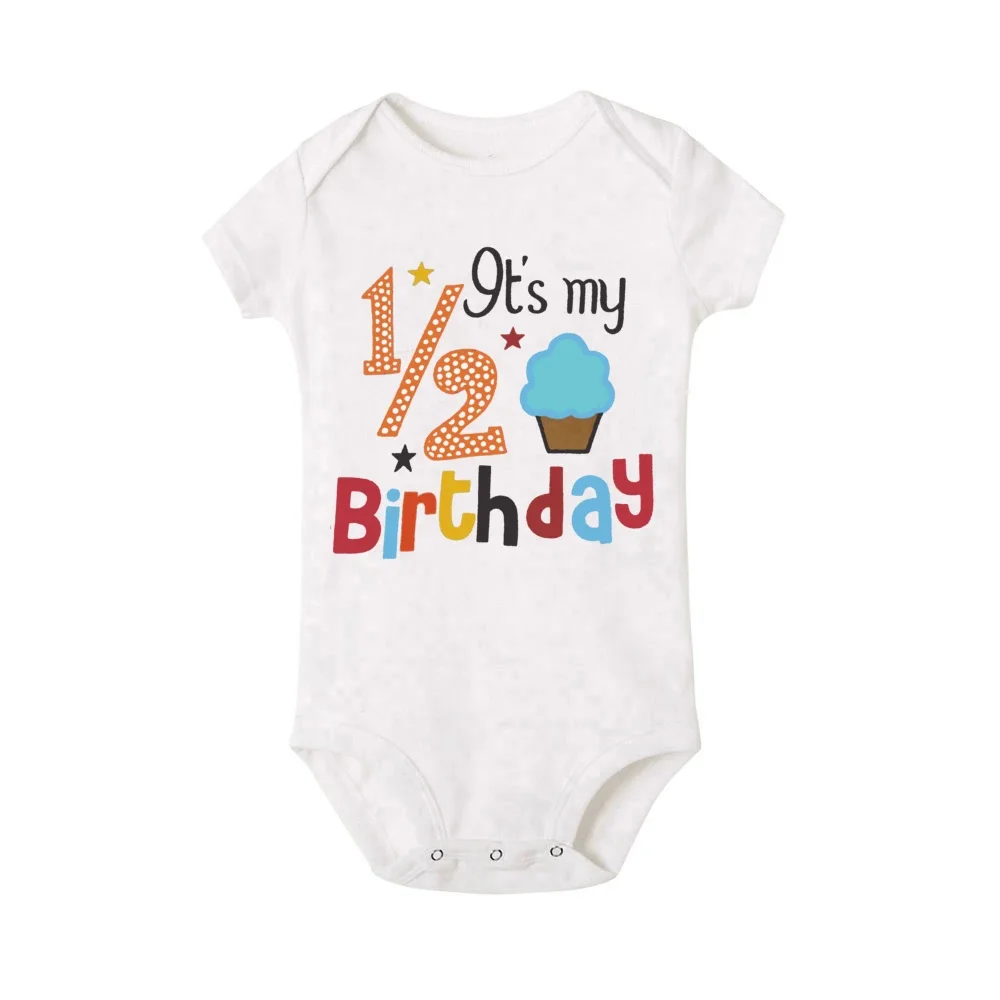 1/2 Birthday Cake Printing Baby Romper Newborn Birthday Party Clothes Toddler Jumpsuits Boys Girls Short Sleeve Romper Outfits