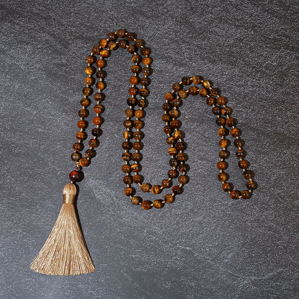 8mm Natural Yellow Tiger Eye Bead Knot 108 Mala Necklace Meditation Prayer Japamala Jewelry for Men and Women